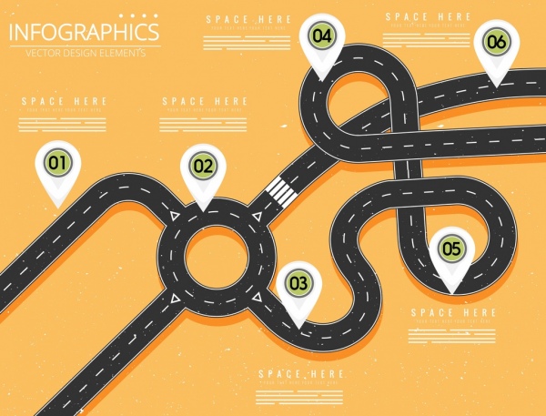 Traffico infographic modello curvata strada posizione mark decorazione