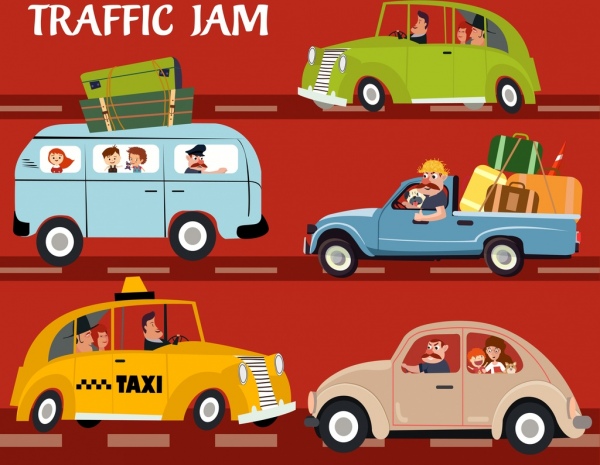 ách tắc giao thông, bản vẽ thiết kế phim hoạt hình màu biểu tượng xe ô tô