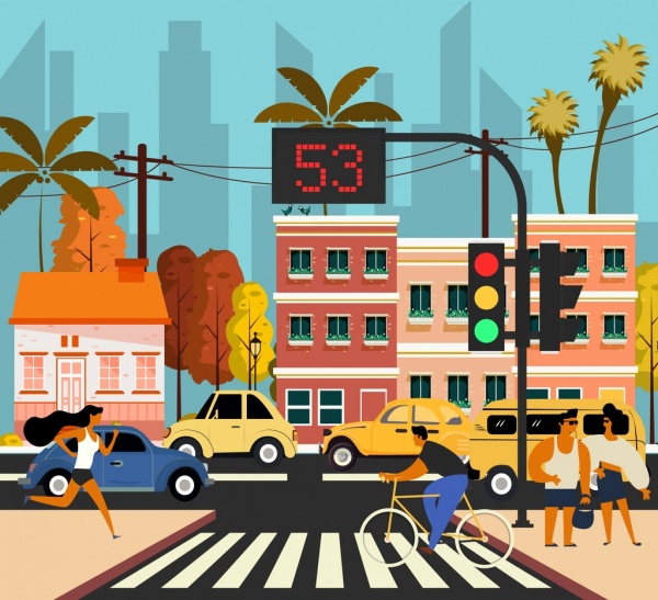 design de desenhos animados de ícones de pedestres de carros de pintura de tráfego
