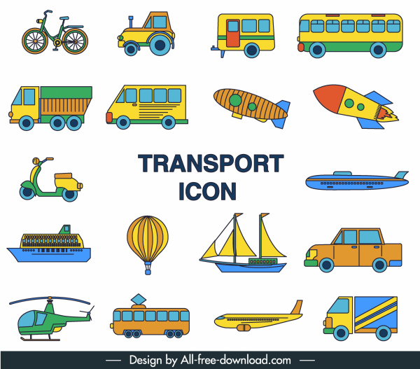iconos de transporte coloridos símbolos planos bosquejo
