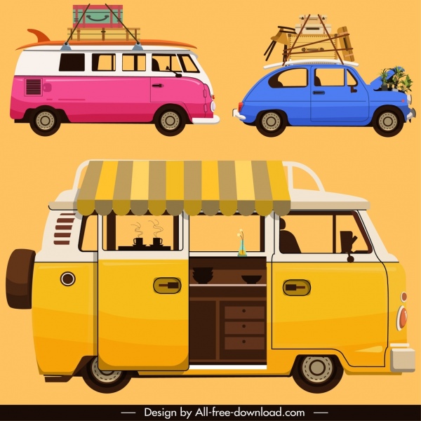ikon kendaraan transportasi sketsa klasik berwarna-warni