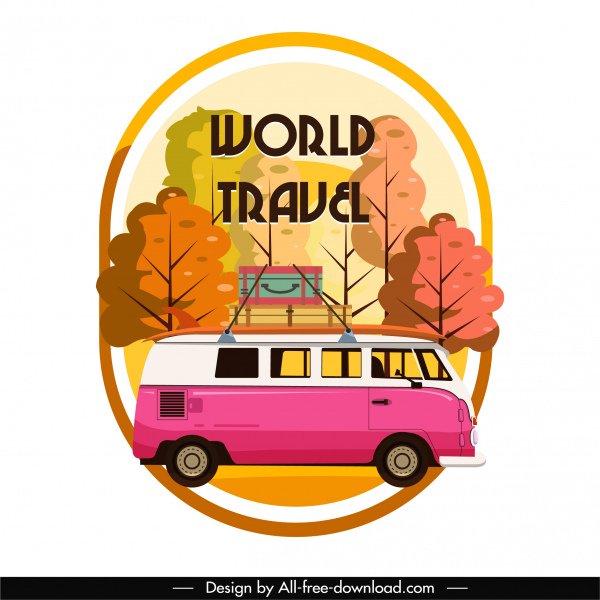 여행 광고 배경 복고풍 버스 스케치 다채로운 플랫