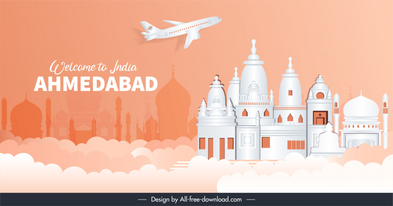 viagem ahmedabad cartaz publicitário indiano arquitetura tradicional avião nuvens decoração