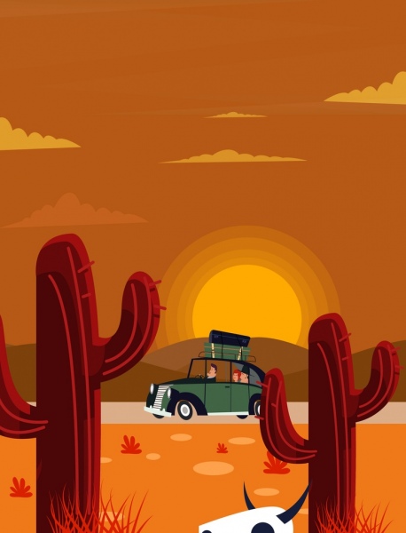 Reisehintergrund Auto Kaktus Sonne Icons farbige Karikatur