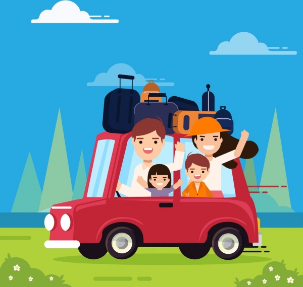 Travel Background Family Car Luggage Icons Cartoon Design-vector Car-free  Vector Free Download