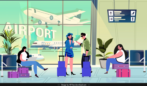viaggio turisti turisti sala dell'aeroporto schizzo disegno cartone animato