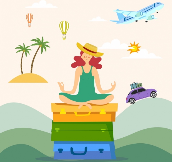 viajar fundo ioga mulher bagagem avião carro ícones