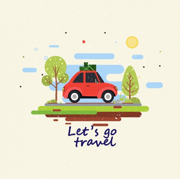 perjalanan mobil banner Bagasi ikon datar warna-warni Menggambar