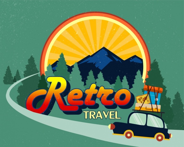 banner de viagem carro bagagem montanha ícones design clássico