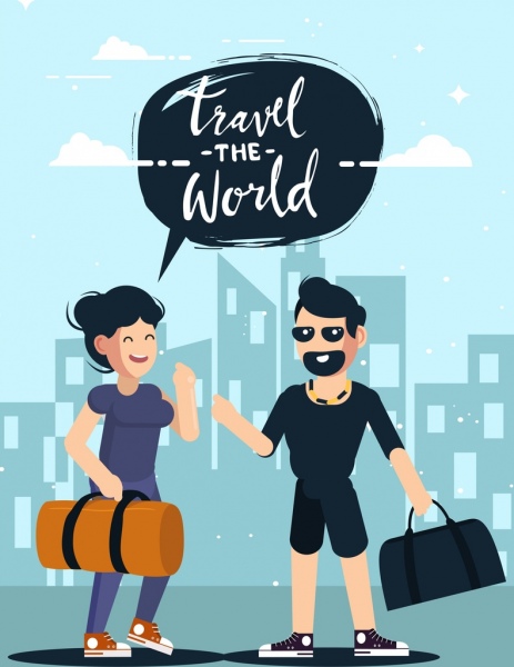 Bannière de voyage couple bagages icônes personnages de dessins animés