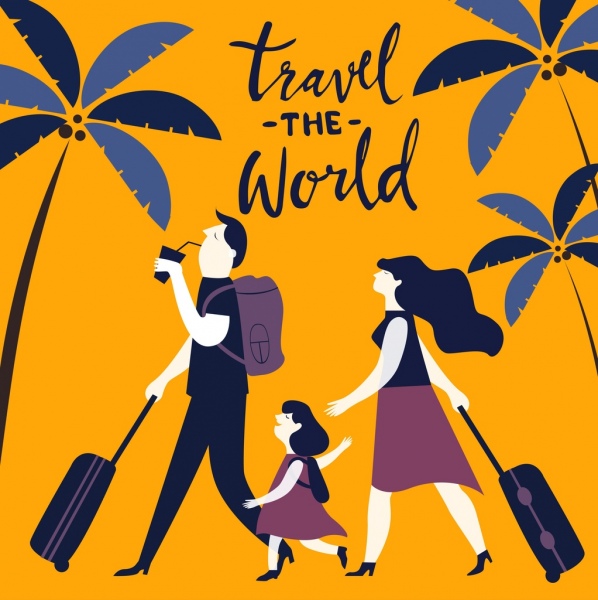 Bannière de voyage famille bagages noix de coco icônes design classique