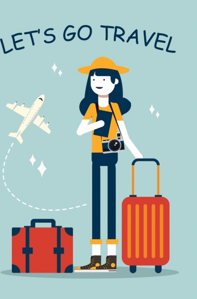 แบนเนอร์การเดินทางหญิงนักท่องเที่ยวกระเป๋าเดินทางไอคอนเครื่องบิน