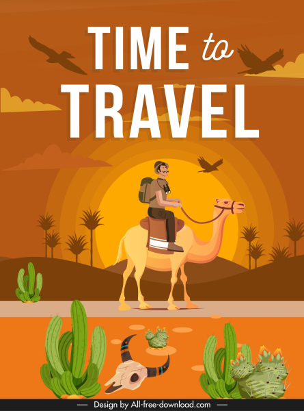旅游横幅徒步旅行骆驼沙漠素描彩色经典