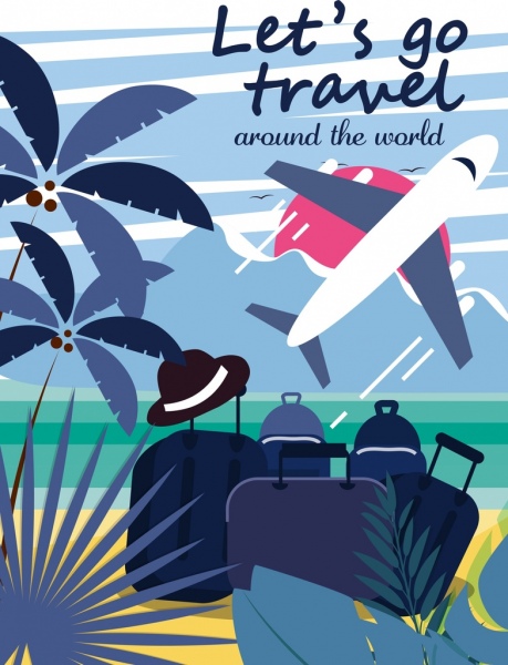 Bannière de voyage bagages avion paysage marin icônes design classique