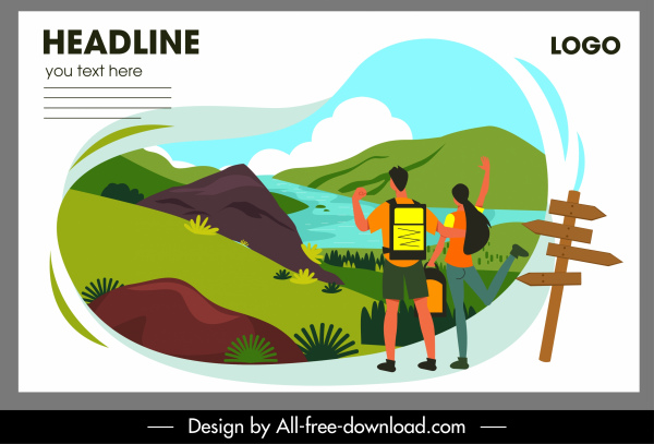pemandangan alam spanduk perjalanan wisatawan sketsa desain warna-warni