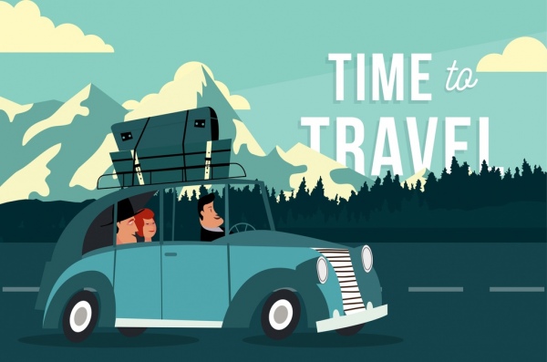 banner de viagem pessoas carro bagagem ícones design dos desenhos animados