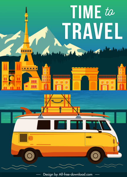 Bandeira de viagens cenário elementos férias ônibus esboço