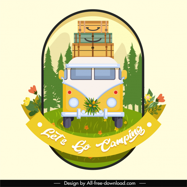 plantilla de banner de viaje colorido clásico bus equipaje boceto