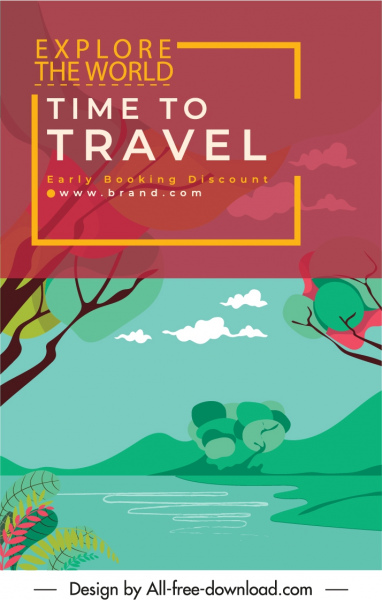 travel banner template pemandangan danau sketsa warna-warni klasik