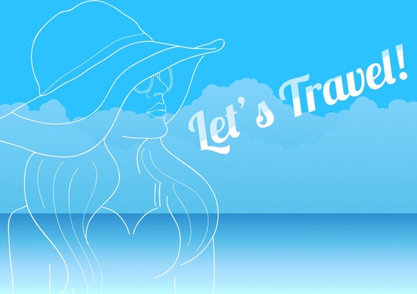 Travel Banner Wanita Icon Handdrawn Sketch Desain Biru