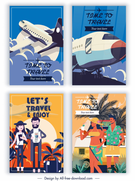 旅游横幅飞机游客素描五颜六色的经典设计