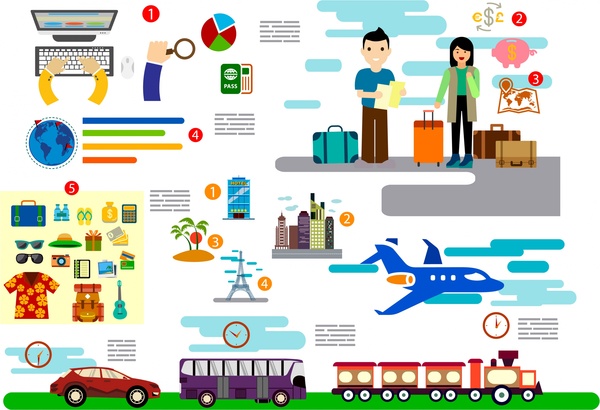 여행 컨셉 infographic 색상 스타일의 다양 한 기호