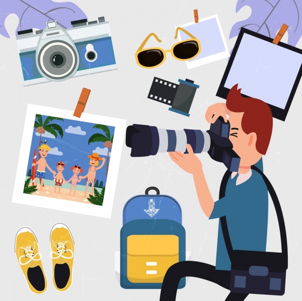 elementos de design de viagens fotografando acessórios pessoais ícone masculino
