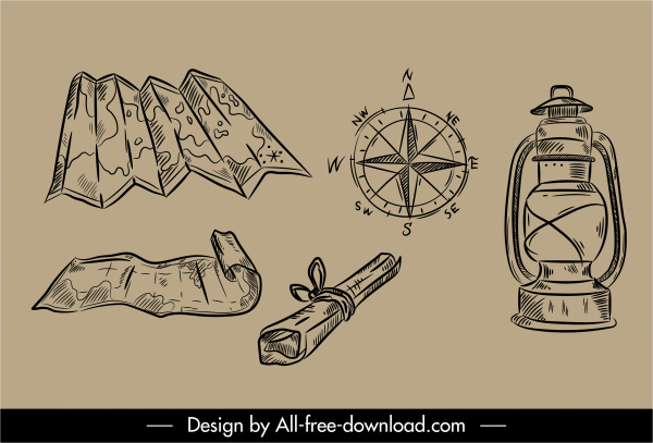 elementos de projeto de viagem retro desenhado objetos desenhados à mão esboço