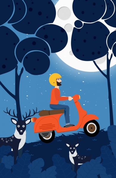 Reisen Sie Zeichnung Mann reitet Scooter Mondlicht Rentier Symbole