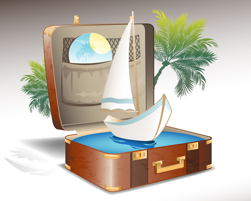 旅行要素とスーツケース創造的な背景セット