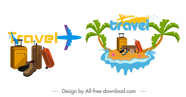 여행 아이콘 비행기 수하물 섬 스케치 다채로운 디자인