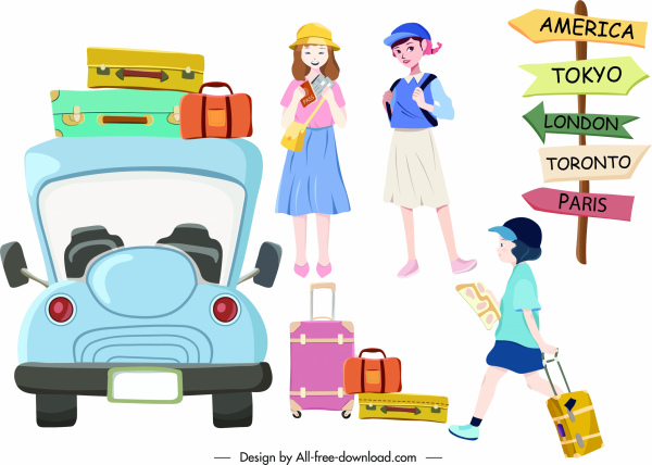 viagens ícones carro turístico tabuleta bagagem esboço
