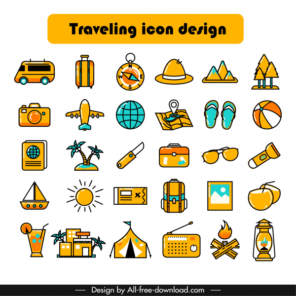 Collection d’icônes de voyage classique symboles colorés croquis