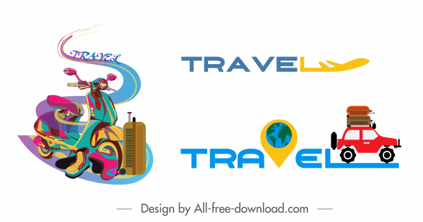ícones de viagem coloridos veículos textos decoração