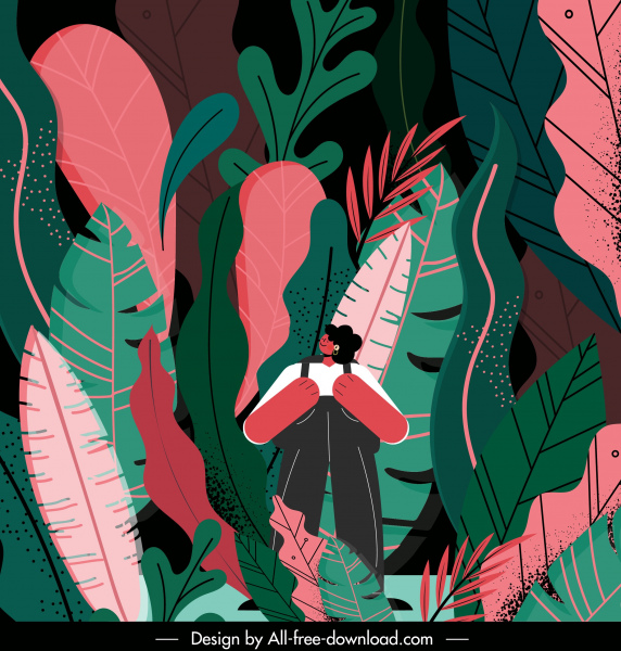 여행 그림 배낭 숲 잎 스케치 다채로운 고전