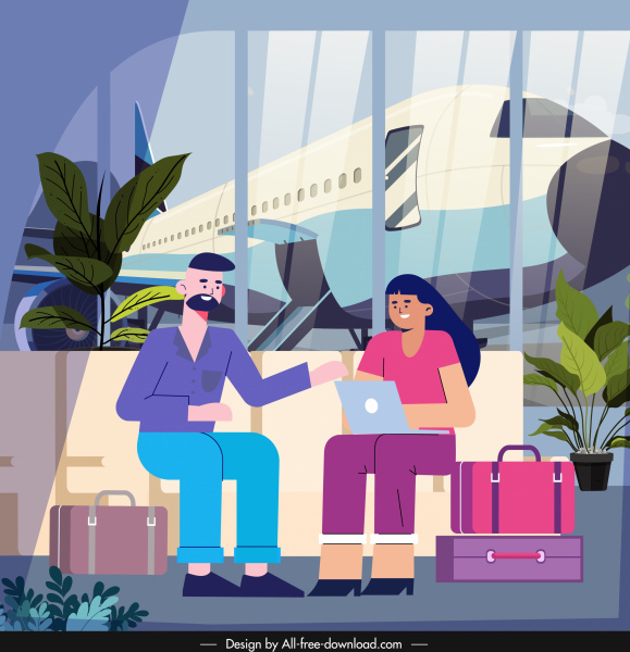 путешествия картина туристов аэропорт эскиз мультипликационных персонажей дизайн