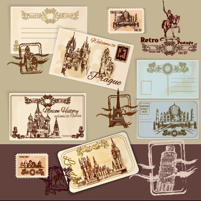 carte postale vintage styles vecteur ensemble de voyage