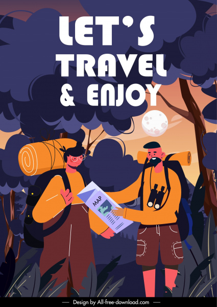 여행 포스터 배낭 숲 장면 만화 디자인