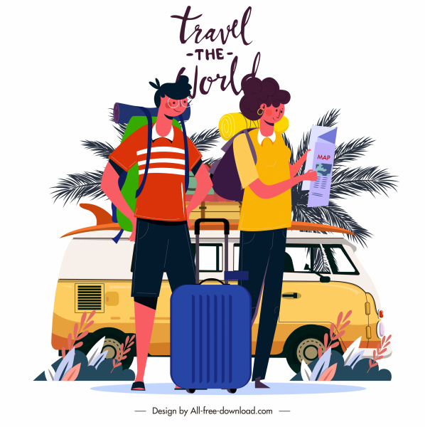 Reise Poster Bus Touristen Gepäck Skizze Zeichentrickfiguren