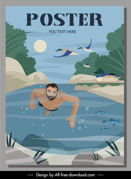 poster di viaggio subacqueo uomo flusso scena disegno dei cartoni animati