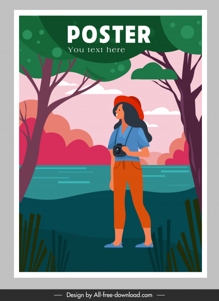 cartaz de viagem fêmea viajante esboço cena do lago