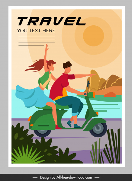 poster di viaggio gioioso coppia moto moto schizzo personaggi dei cartoni animati