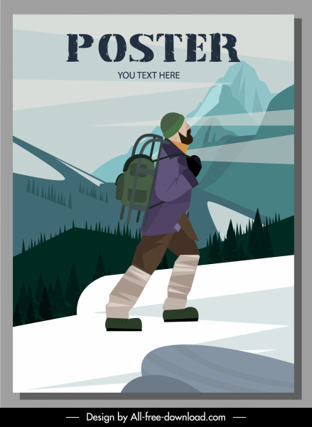 plantilla de póster de viaje hiker escena de montaña boceto