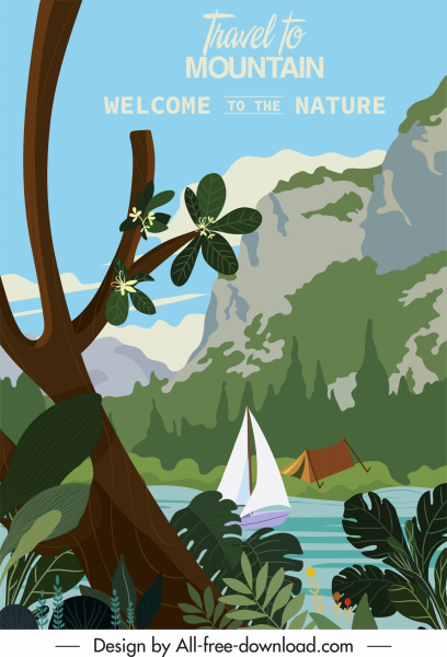 cartel de viaje plantilla montaña río velero carpa decoración