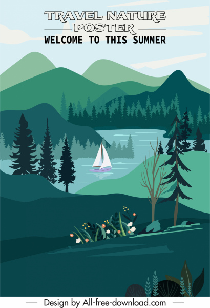 perjalanan poster template pemandangan Danau alam sketsa