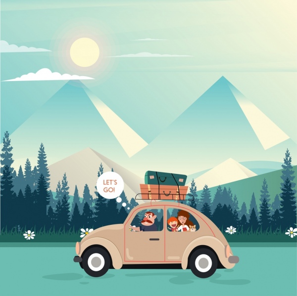 旅行主題家庭車山圖標彩色卡通