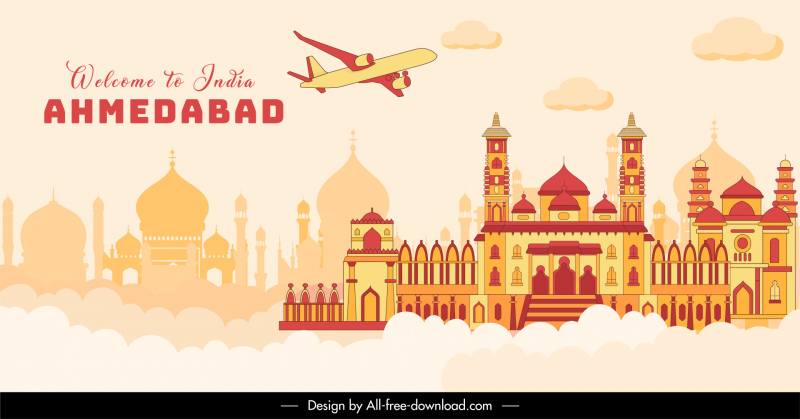 ahmedabad afiş şablonu klasik mimari bulutlar dekor seyahat