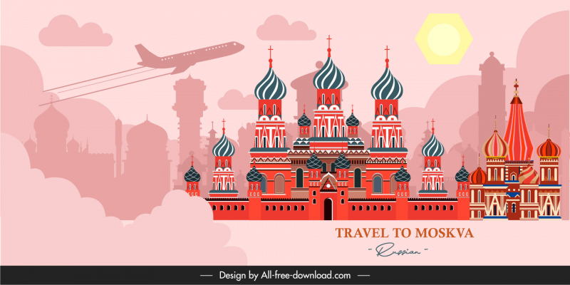 Reise nach Moskwa Russisches Banner Dynamisches Flugzeug Berühmte Architekturskizze