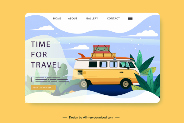 perjalanan halaman web Template bus liburan sketsa dekorasi berwarna-warni