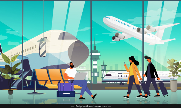 Traveling Background Airport Departure Hall Sketch Cartoon Design-vector  Background-free Vector Free Download